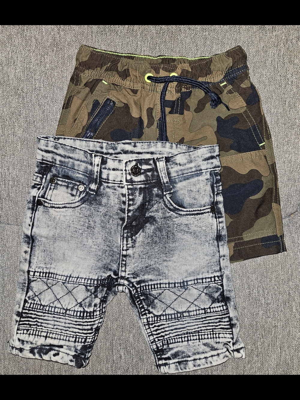 Kids Camo & Acid-Wash Denim Shorts Set - Green, Black, Gray